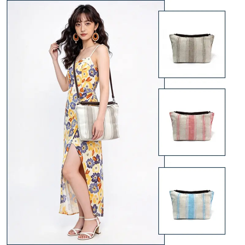 Striped canvas shoulder bag 360 degree multi angle view with bottom panel
