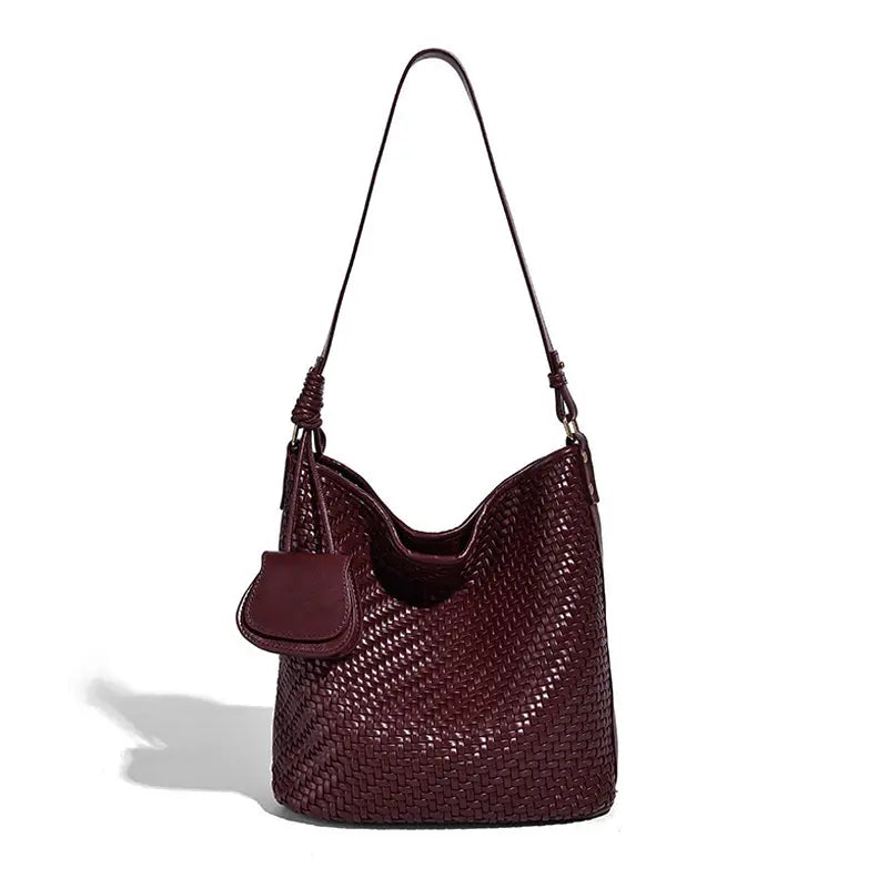Woven Tote Bag in Burgundy front view with side mini pouch