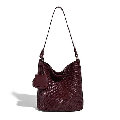 Woven Tote Bag in Burgundy front view with side mini pouch