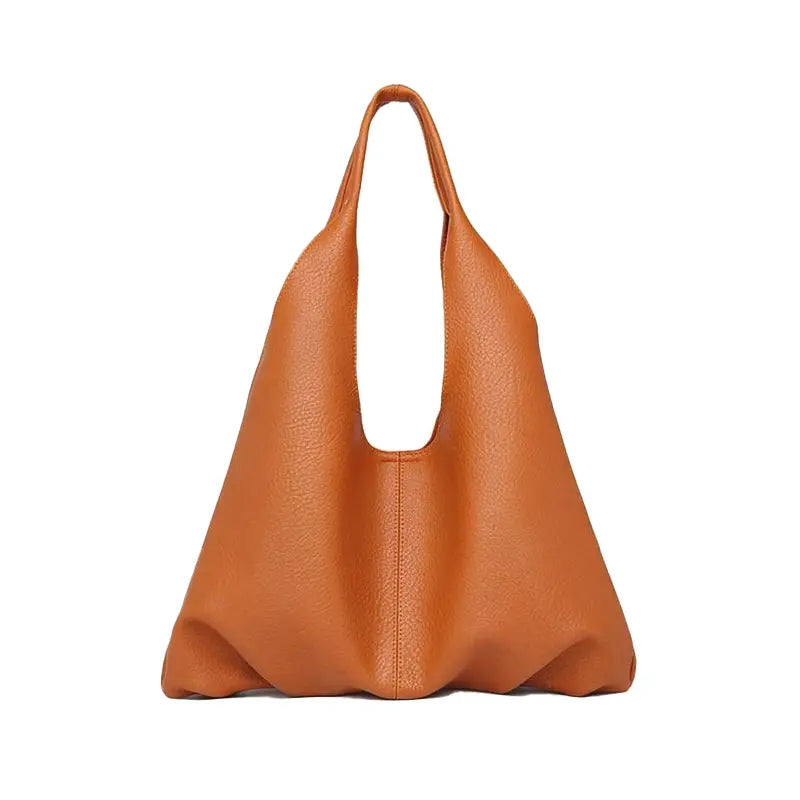 Soft PU Leather Hobo Tote Bag Coffee - Front View - Slouchy Silhouette