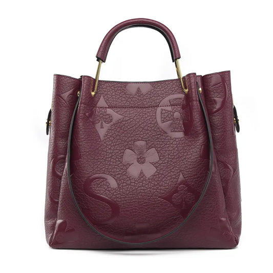 Floral embossed tote bag wine red front view floral embossed texture