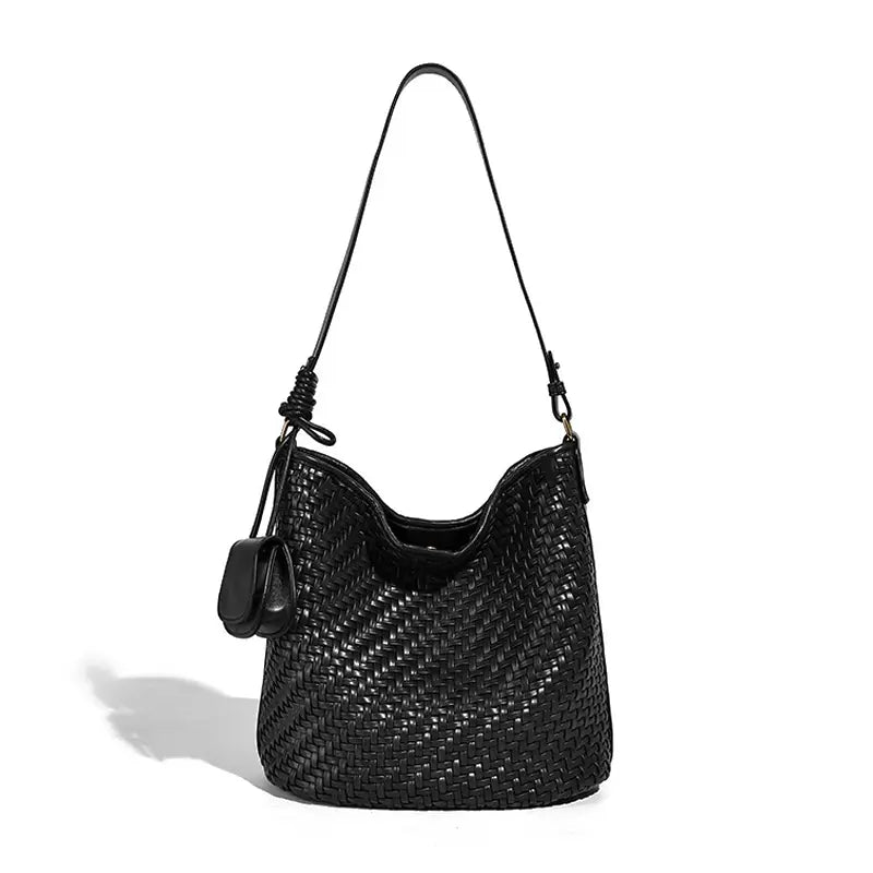 Woven Tote Bag in Black Gray front view with shoulder strap