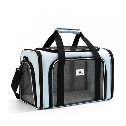 Light blue pet carrier with size 45x28.5x28cm and detachable shoulder strap
