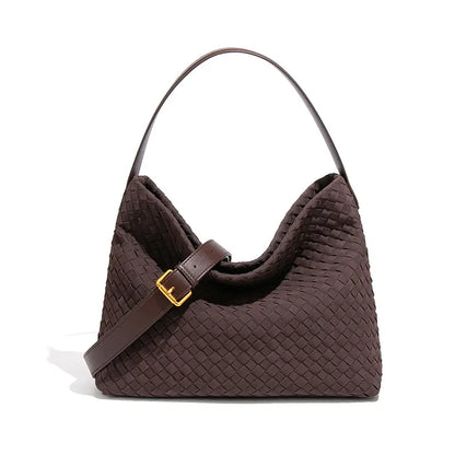 Woven Hobo Shoulder Tote Bag Navy Blue - Front View - Crossbody Strap