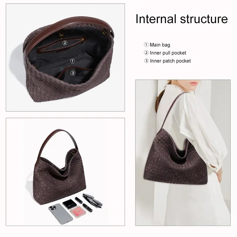 Woven Hobo Shoulder Tote Bag - Internal Structure - Multi Pocket Organization