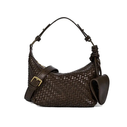 Woven PU handbag in Chestnut Brown front view with shoulder strap