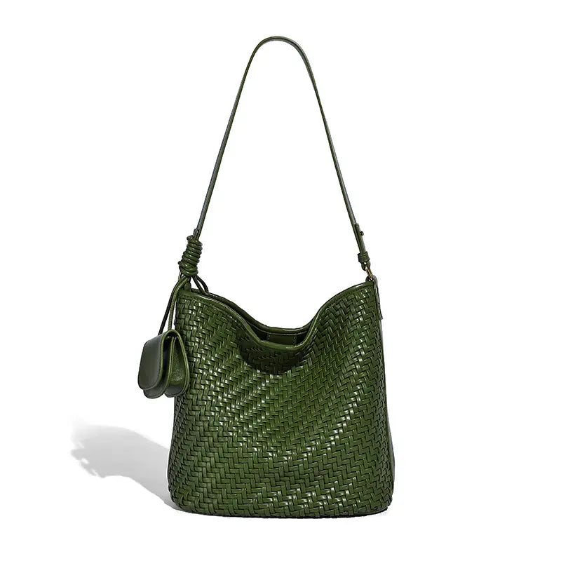 Woven Tote Bag in Emerald Green front view with bucket silhouette