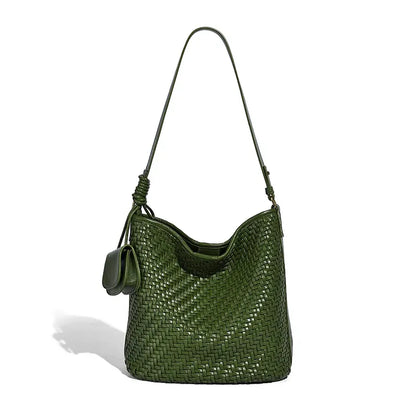 Woven Tote Bag in Emerald Green front view with bucket silhouette