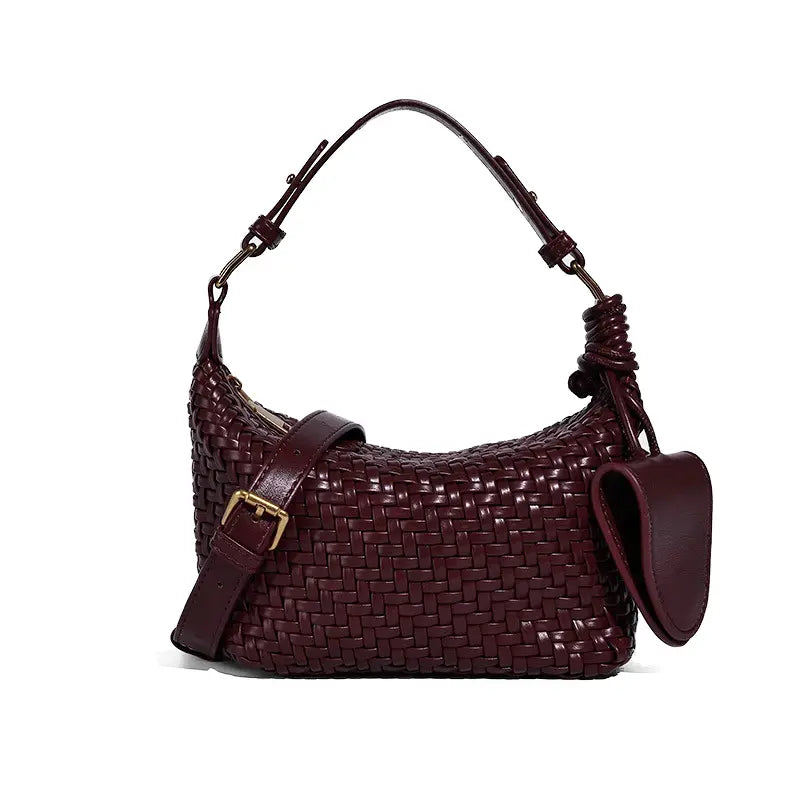 Woven PU handbag in Burgundy front view with zipper closure