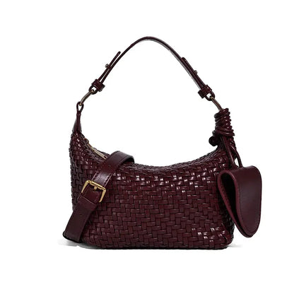 Woven PU handbag in Burgundy front view with zipper closure