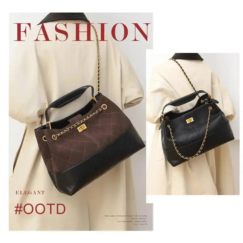 Woman wearing vintage shoulder handbag for autumn winter commuting outfit