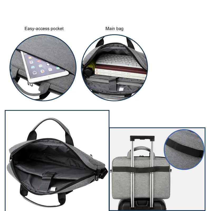 Man carrying gray briefcase by shoulder strap - lifestyle shot with color options