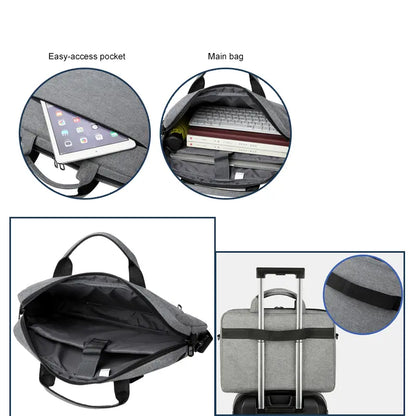 Man carrying gray briefcase by shoulder strap - lifestyle shot with color options
