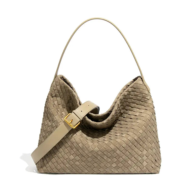 Woven Hobo Shoulder Tote Bag Dark Red - Front View - Magnetic Closure