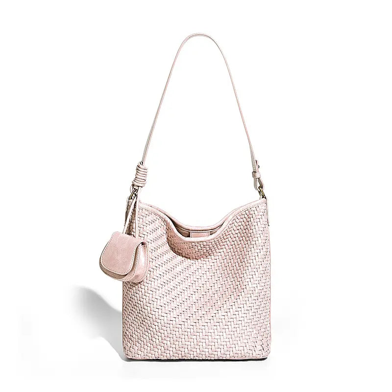 Woven Tote Bag in Pink front view with gold-tone hardware