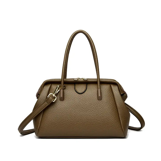 PU leather doctor bag khaki front view pebbled leather crossbody bag
