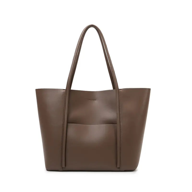 PU leather tote bag khaki front view large capacity commuter tote