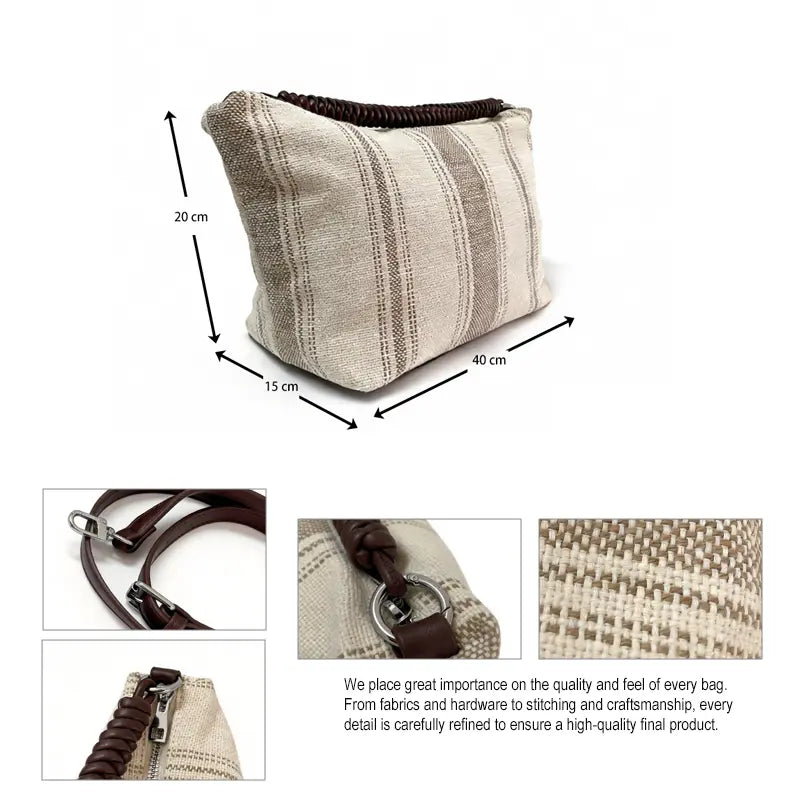 Striped canvas shoulder bag size diagram 40 x 15 x 20 cm with hardware and fabric details