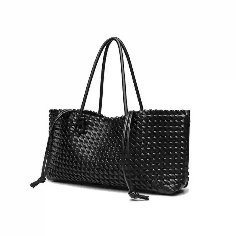 Woven tote bag detail shot showing woven texture and PU material