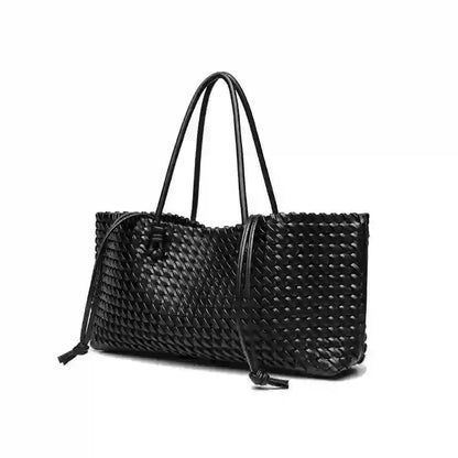 Woven tote bag detail shot showing woven texture and PU material