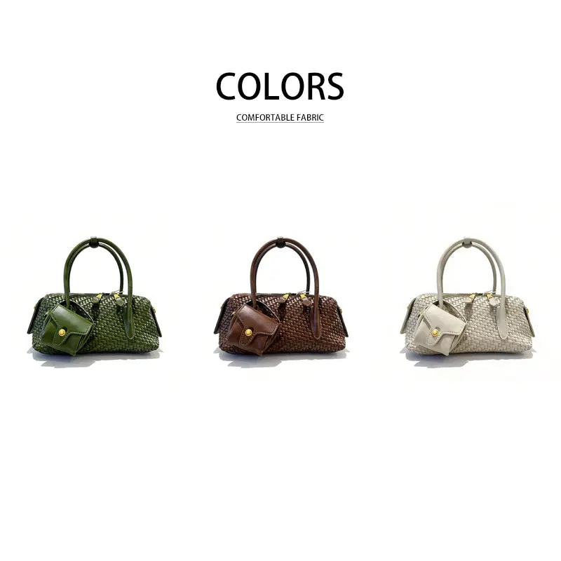 Woven PU leather handbag with detachable shoulder strap and small hanging pouch