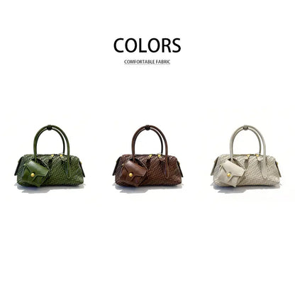 Woven PU leather handbag with detachable shoulder strap and small hanging pouch