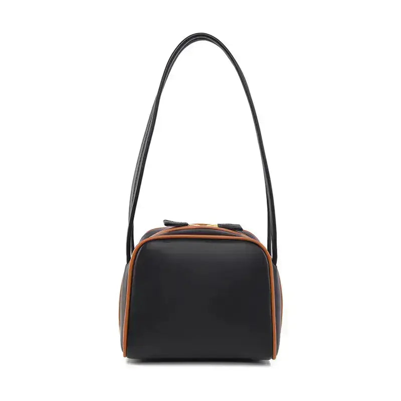 Retro bowling style handbag front view PU leather-square style black