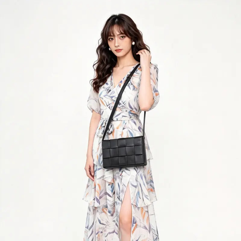 Woven PU leather crossbody bag lifestyle crossbody carry model shot
