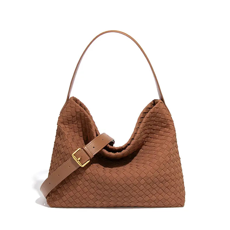 Woven Hobo Shoulder Tote Bag Burgundy - Front View - Shoulder Carry