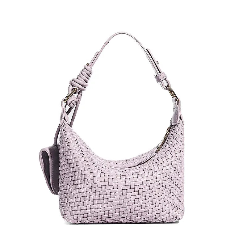 Woven PU handbag in Purple front view with top handles