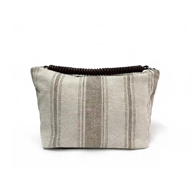 Striped canvas shoulder bag khaki gray stripe front view