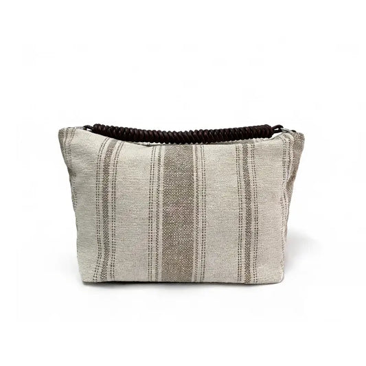 Striped canvas shoulder bag khaki gray stripe front view