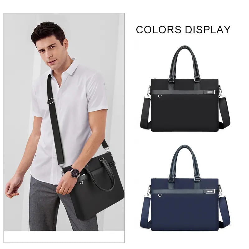 Colors display black and navy blue briefcase options