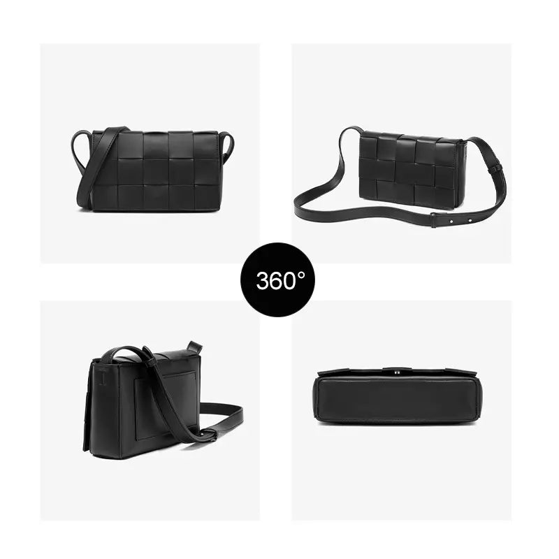 Woven PU leather crossbody bag multiple angle view woven flap design