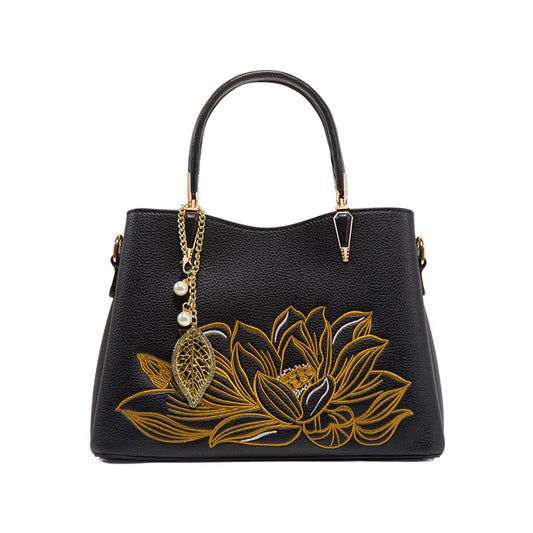 Lotus Embroidered Handbag Apricot Color Option - SKU Image for Online Store