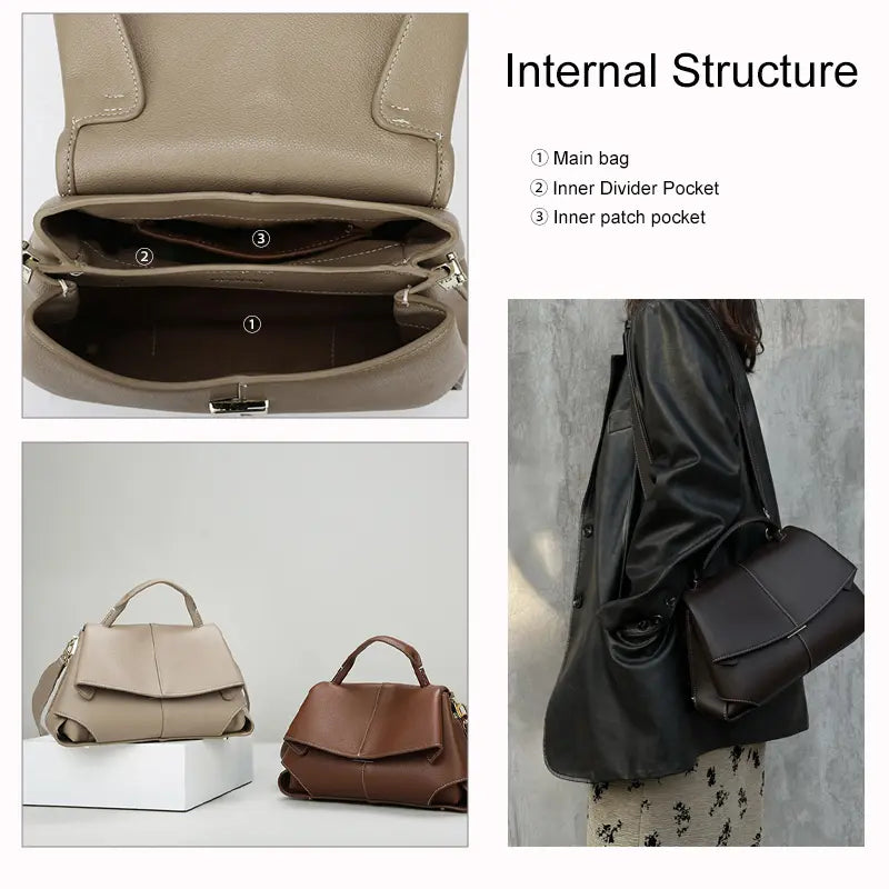 PU leather top handle handbag internal structure main bag divider and patch pocket