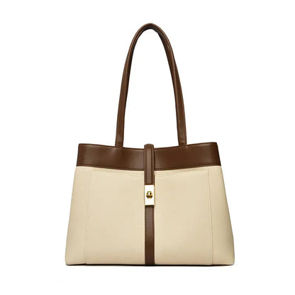 Canvas tote bag with PU leather trim beige and brown front view twist lock