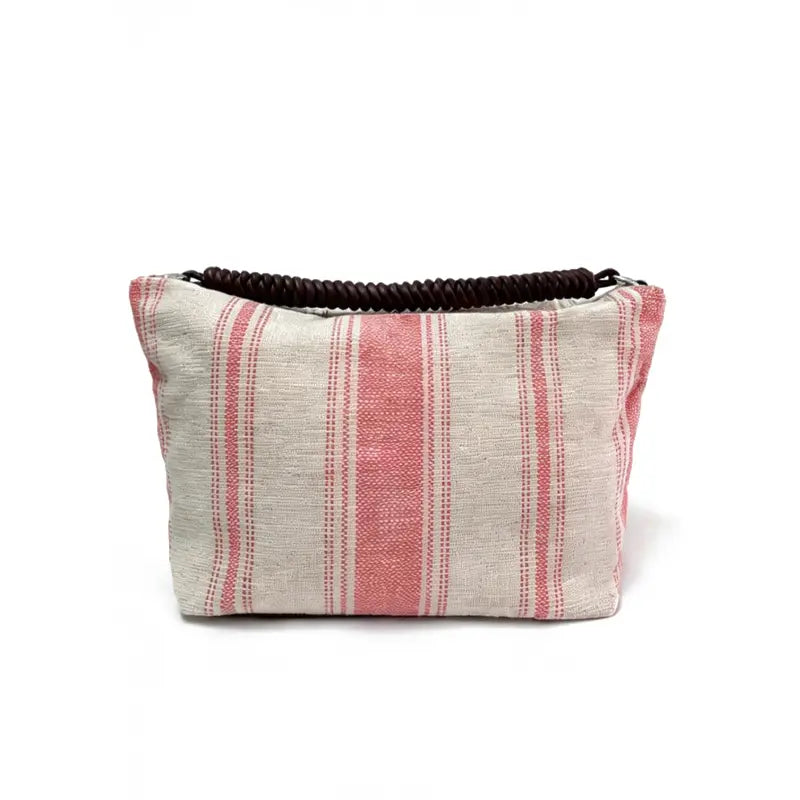 Striped canvas shoulder bag pink stripe front view for casual styling