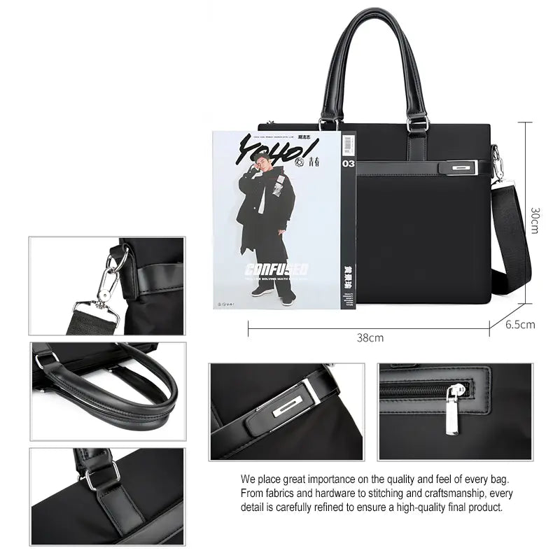 Black briefcase front view with dimensions 38x30x6.5cm showing handles and shoulder strap