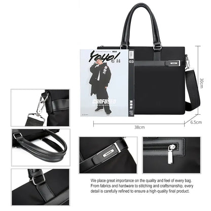 Black briefcase front view with dimensions 38x30x6.5cm showing handles and shoulder strap