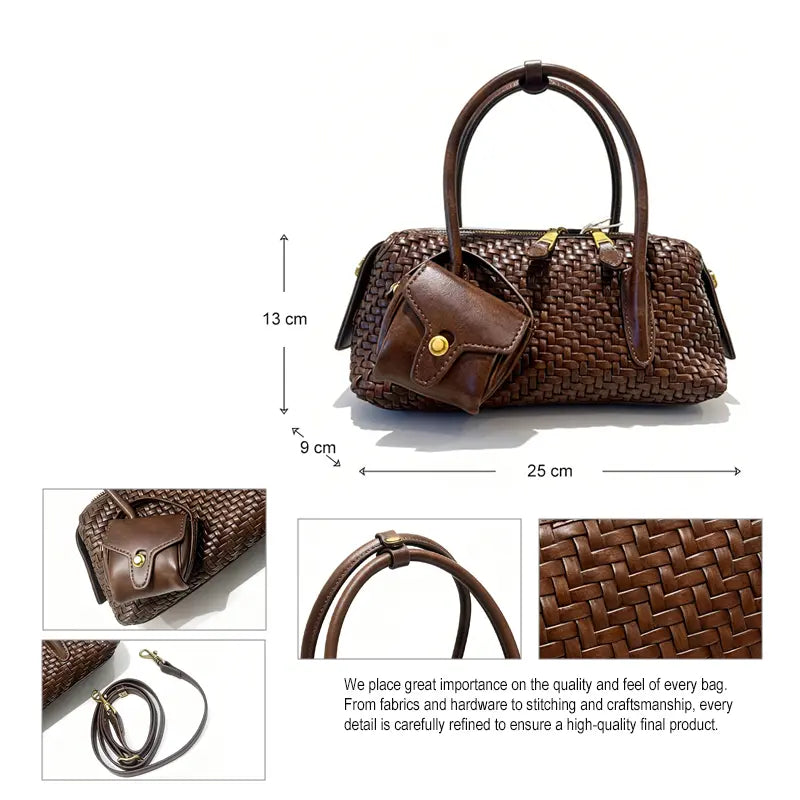 Woven PU leather handbag dimension and detail view with brown color and detachable strap