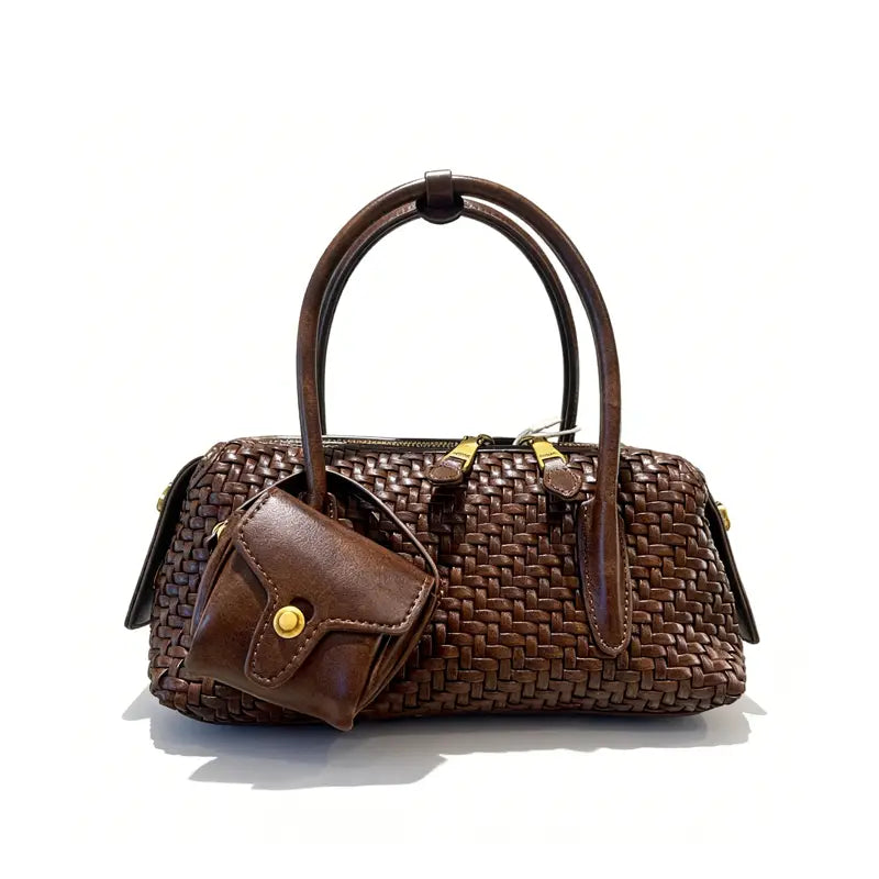Woven PU leather handbag in brown front view with gold-tone hardware