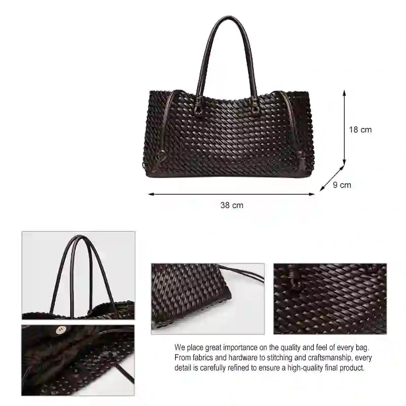 Woven tote bag side view showing dimensions 38cm x 9cm x 18cm
