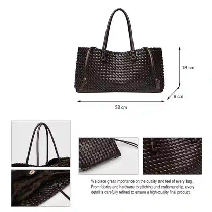 Woven tote bag side view showing dimensions 38cm x 9cm x 18cm