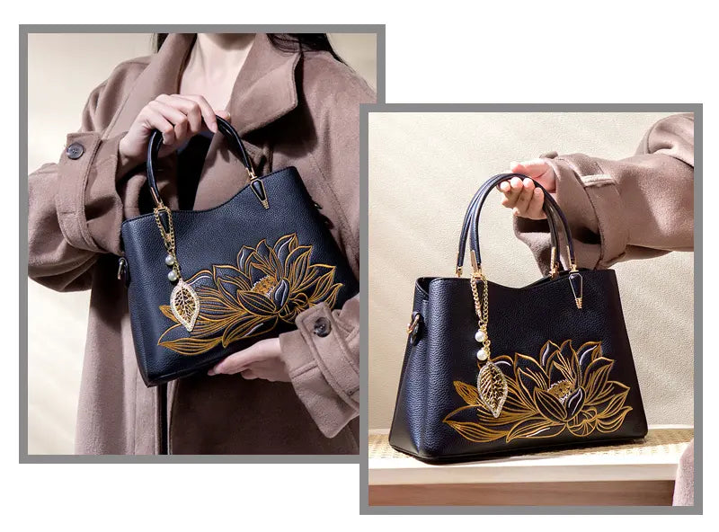 Lotus Embroidered Handbag Apricot Color Option - SKU Image for Online Store