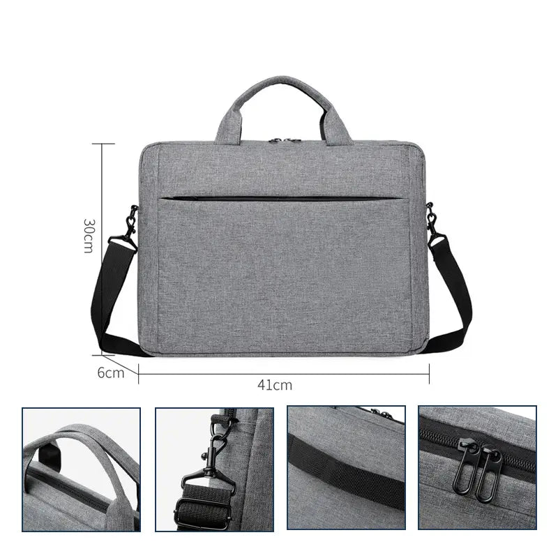 Gray laptop briefcase with dimensions 41x30x6cm showing dual handles and detachable shoulder strap
