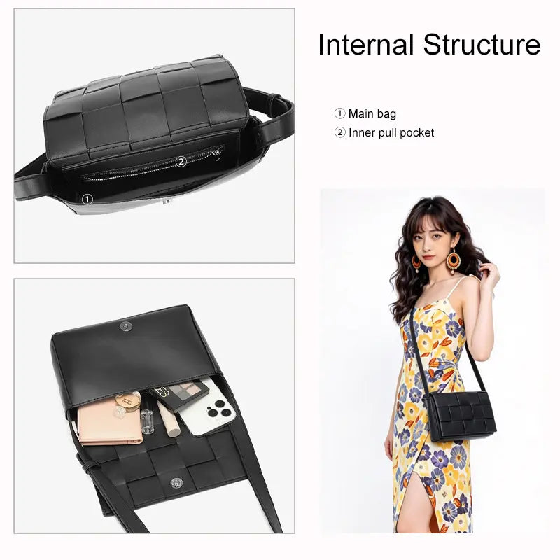 Woven PU leather crossbody bag internal structure main bag with inner zip pull pocket