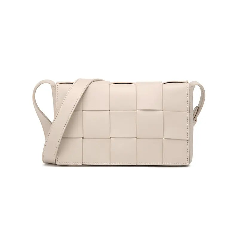Woven PU leather crossbody bag gray front view minimalist box bag
