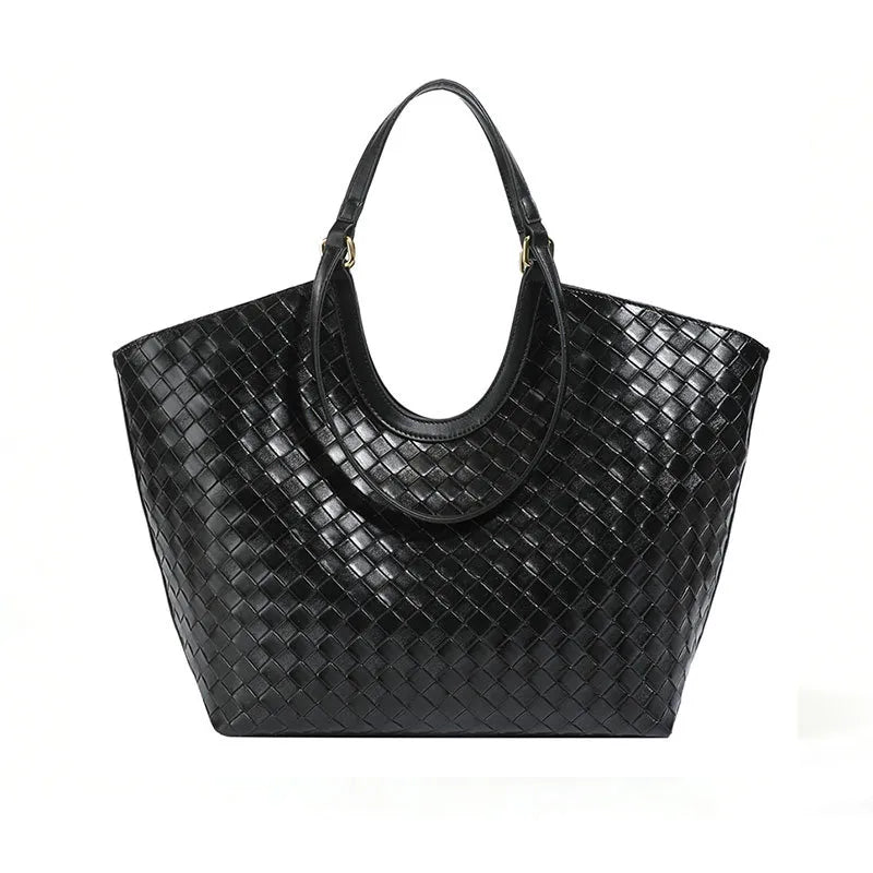 Black woven texture tote bag front view