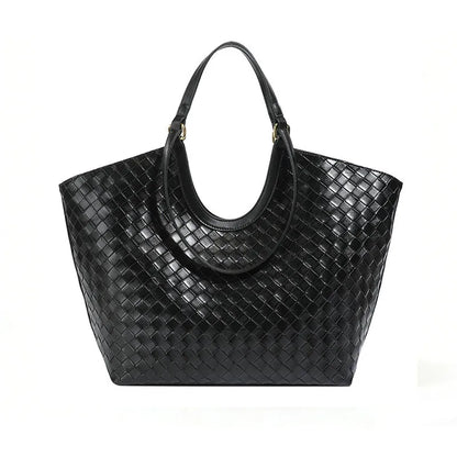 Black woven texture tote bag front view